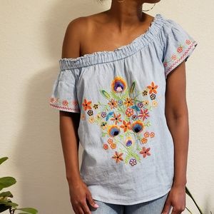 Ivy Jane, blue pinstripe, floral embroidery, small, off the shoulder cap sleeve